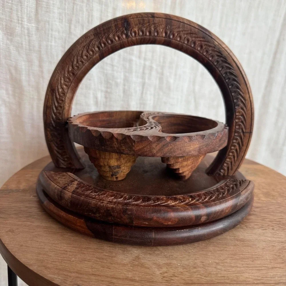 VTG‎ Hand Carved Collapsible Yin Yang Wood Basket Folding Fruit Bowl Decorative